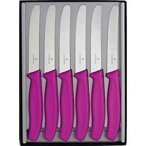 VICTORINOX STEAK KNIVES GIFT BOX SET OF 6 ROUND TIP PISTOL GRIP PINK SAVE ! 