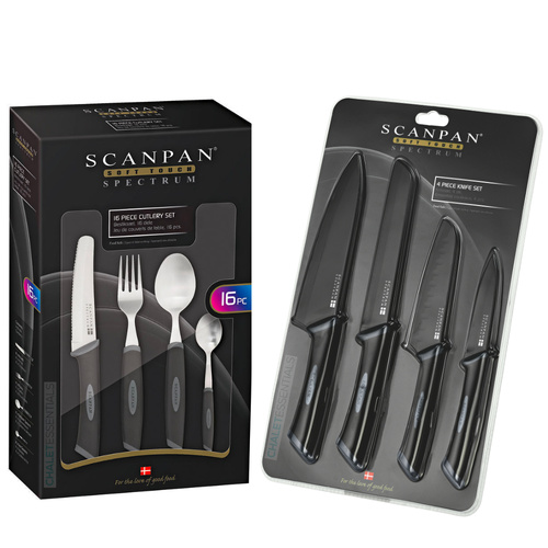 NEW SCANPAN SPECTRUM SOFT TOUCH CUTLERY 16 PIECE 16PC BLACK + 4PC KNIFE SET 