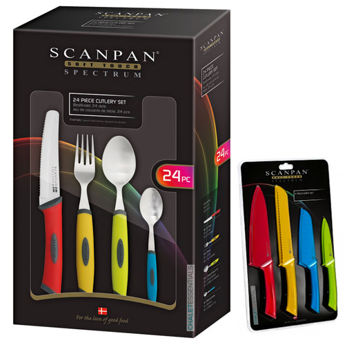 NEW SCANPAN SPECTRUM SOFT TOUCH CUTLERY 24 PIECE 24PC COLOUR + 4PC KNIFE SET 