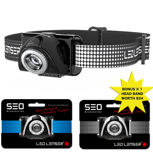 LED LENSER SEO 7R Head Torch Headlamp BLACK 220 Lumens & Bonus Headband