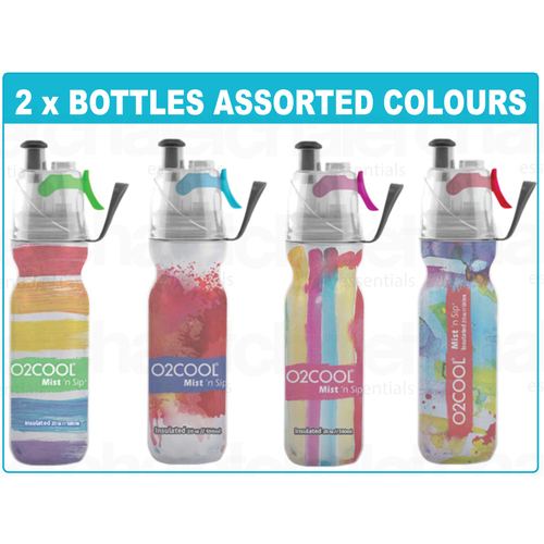 New 2 x 02 COOL MIST 'N' SIP 20oz 590ml DRINK BOTTLE WATERCOLOUR 02COOL O2COOL
