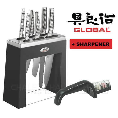 New GLOBAL KABUTO Black 7pc + Sharpener Knife Block Set Japanese Knives