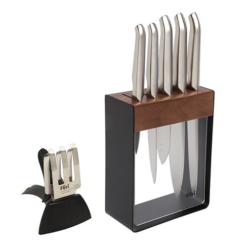 New FURI PRO Stainless Steel 7pc Knife Block Set BLACK + Sharpener 41356