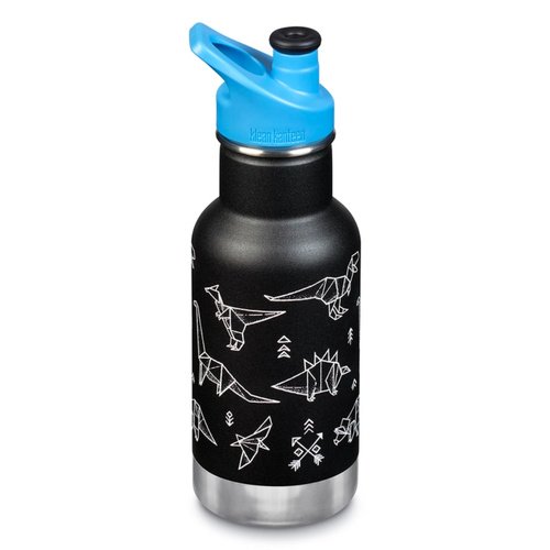KLEAN KANTEEN KID CLASSIC INSULATED 355ML 12OZ SPORTS CAP BLACK PAPER DINOS BOTTLE