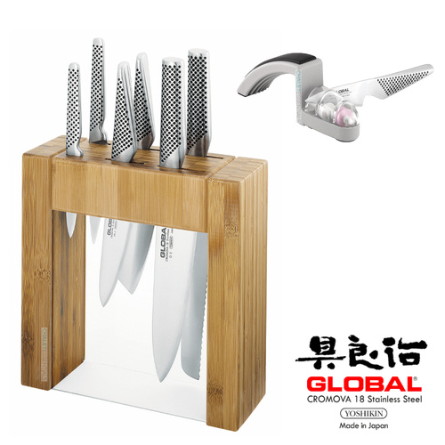 Global Ikasu 7 Piece Knife Block Set & Minosharp 2 Stage Sharpener 