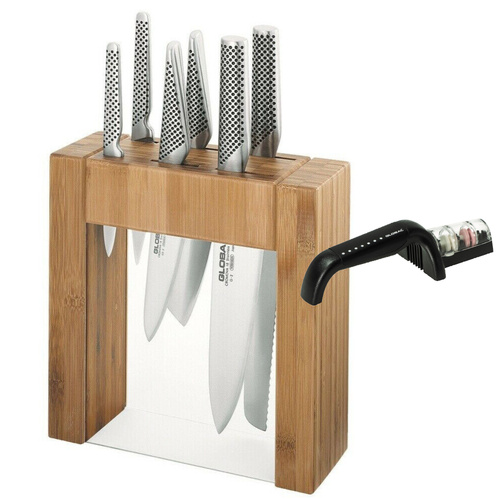 Global Ikasu 7pc Knife Block Set & 2 Stage Black Water Sharpener