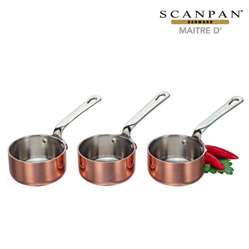 New 3pc Scanpan Maitre D Set of 3 Mini Sauce Pots 6cm x 4cm Stainless / Copper 18444 