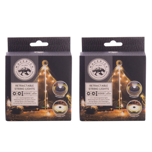 Maverick Retractable LED String Lights 10m USB-C Rechargeable , Set of 2