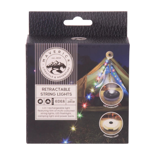 Maverick Retractable LED Rainbow String Lights 10m , USB-C Rechargeable