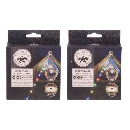 Maverick Retractable LED Rainbow String Lights 10m USB-C Rechargeable Set of 2