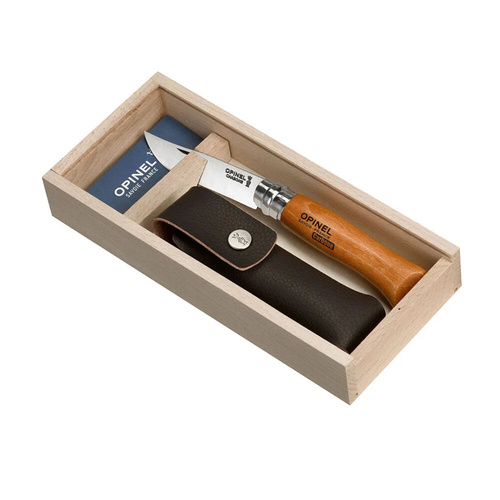 Opinel No8 Carbon Steel Folding Knife 8.5cm Beech Handle + Sheath Gift Box 