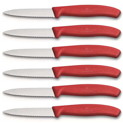 Victorinox Paring Knife Serrated Edge Pointed Tip 8cm Red Set x 6 Knives